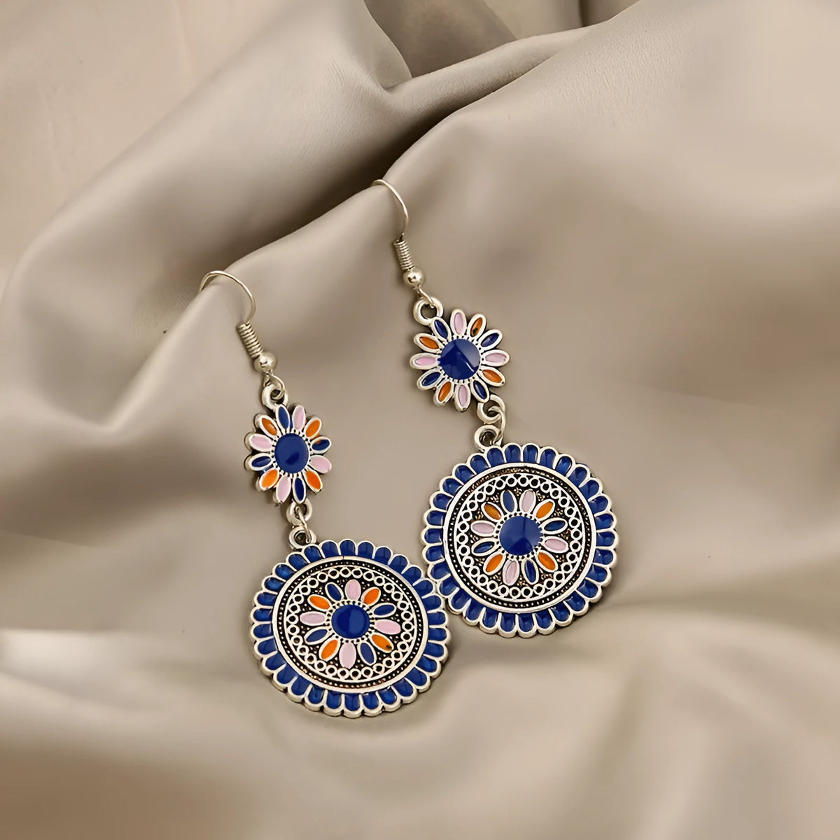 Exaggerated retro bohemian round sunflower drop earrings in blue colour option