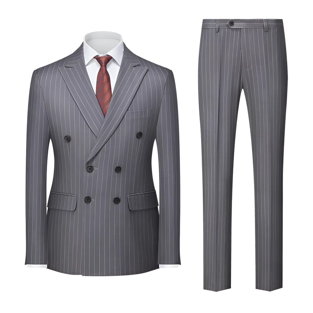 Men's slim fit double-breasted suit jacket and trousers in a choice of six colours.