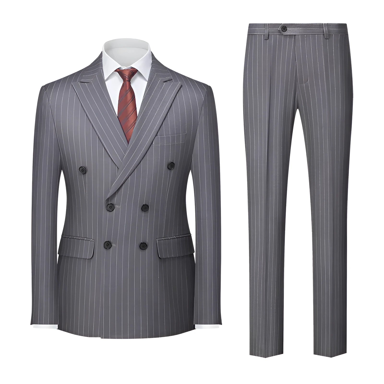 Men's slim fit double-breasted suit jacket and trousers in a choice of six colours.