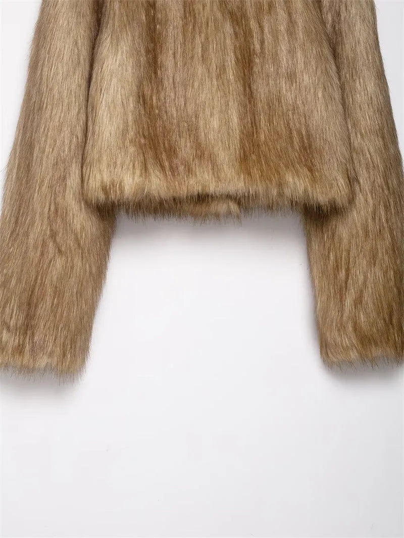 Women's brown artificial fur effect short coat with long sleeves, casual style, sizes XS to L