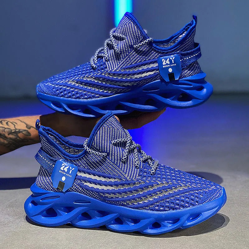 Men's blue Flyknit mesh casual sneaker with a foam platform sole on a white background.