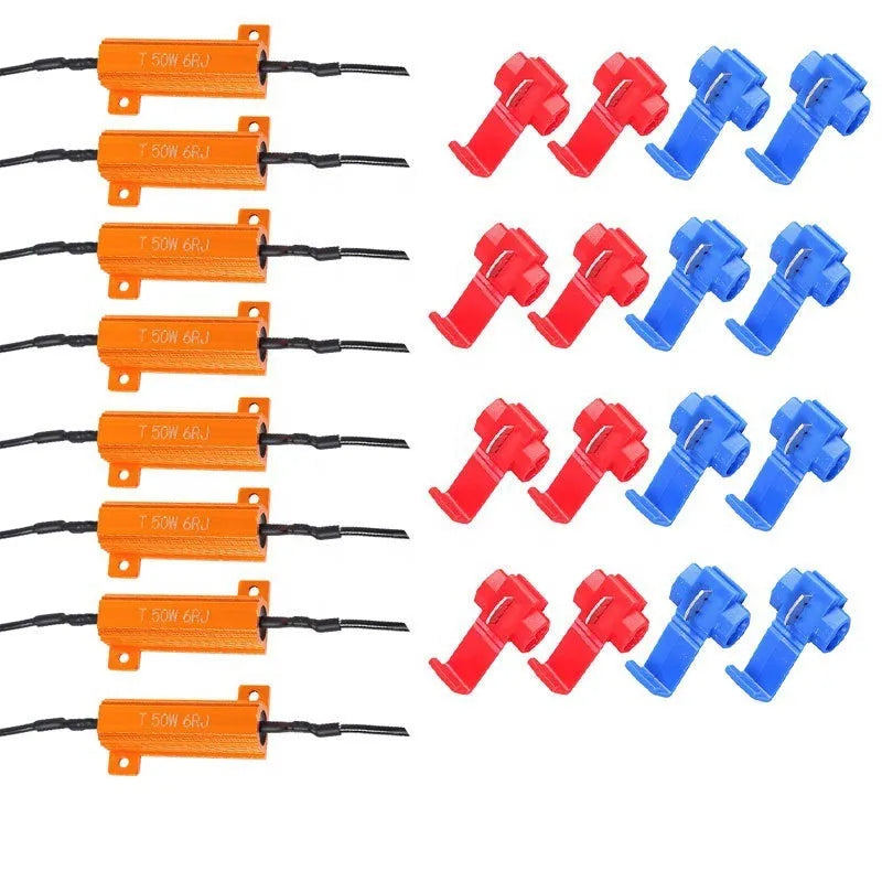 Two gold-coloured aluminium case LED load resistors with four connection clips for car installation