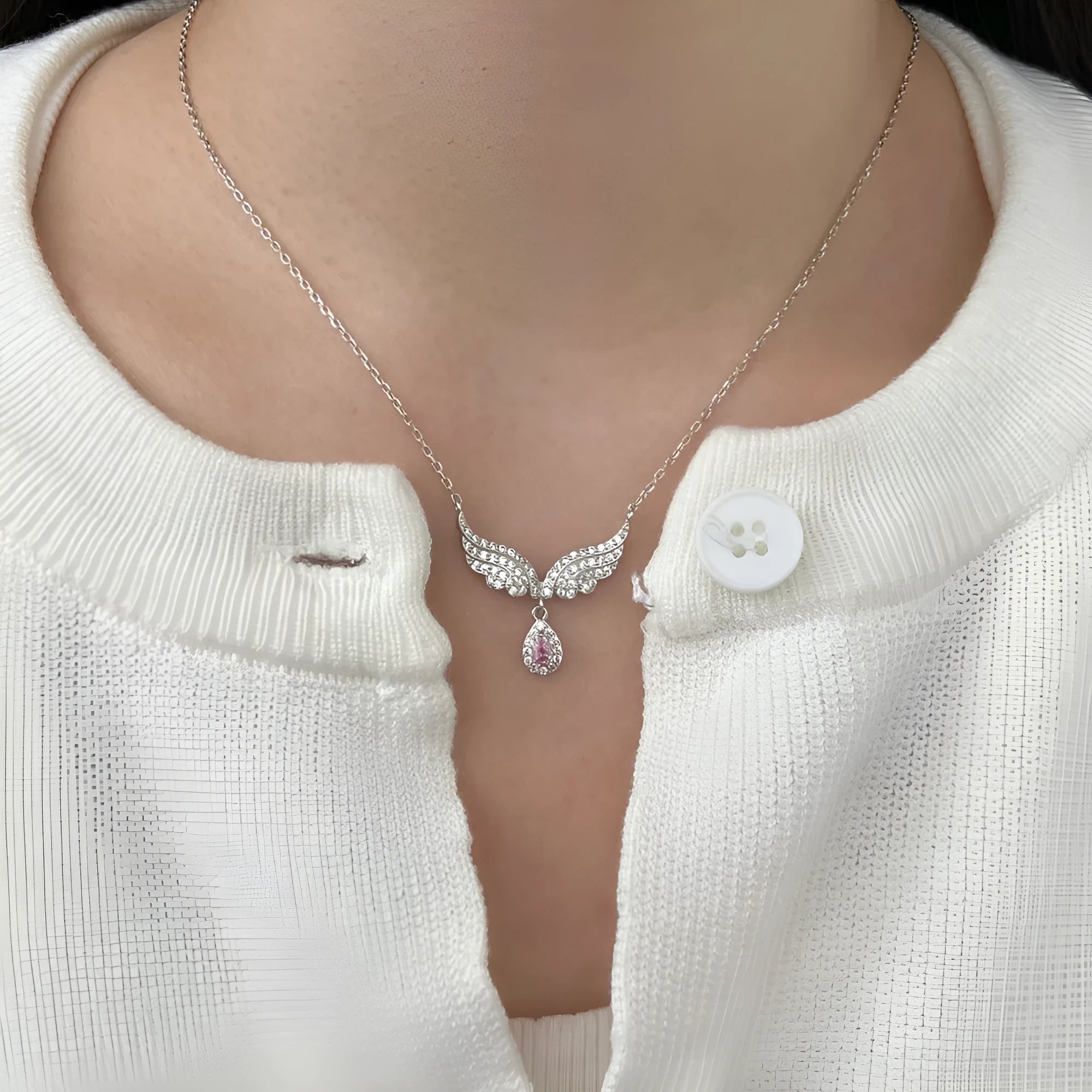 925 silver platinum electroplated pendant necklace with wing water drop shape and clear zircon stone