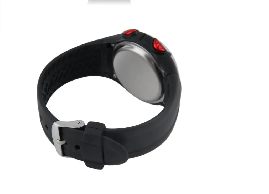 Black heart rate monitor watch with rubber strap and round dial, waterproof to 3 metres with chest strap