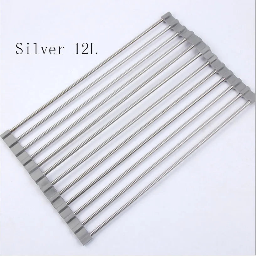 Folding stainless steel kitchen sink drying rack in red colour, shown extended for use.