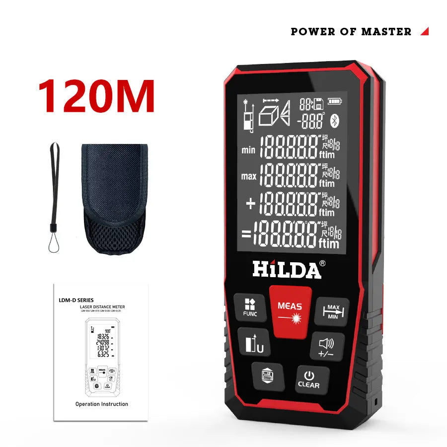 Handheld plastic laser rangefinder for distance measurement up to 100 or 120 metres.