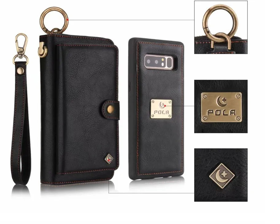 Imitation leather multi-function phone case with wallet and car mount for Samsung Galaxy and iPhone.