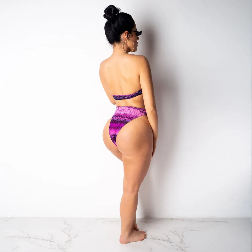 Women's snakeskin print polyester bikini set with long sleeves and shorts in purple, blue or green