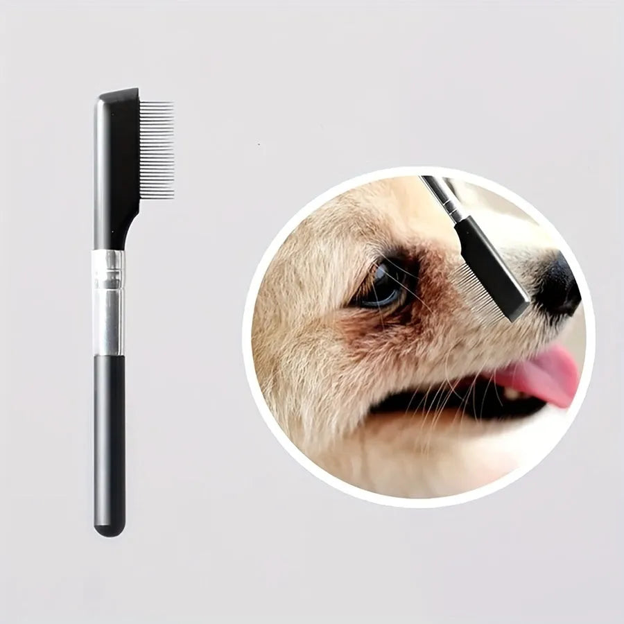 Black pet grooming brush with soft bristles for tear stain removal and comb attachment for dogs and cats