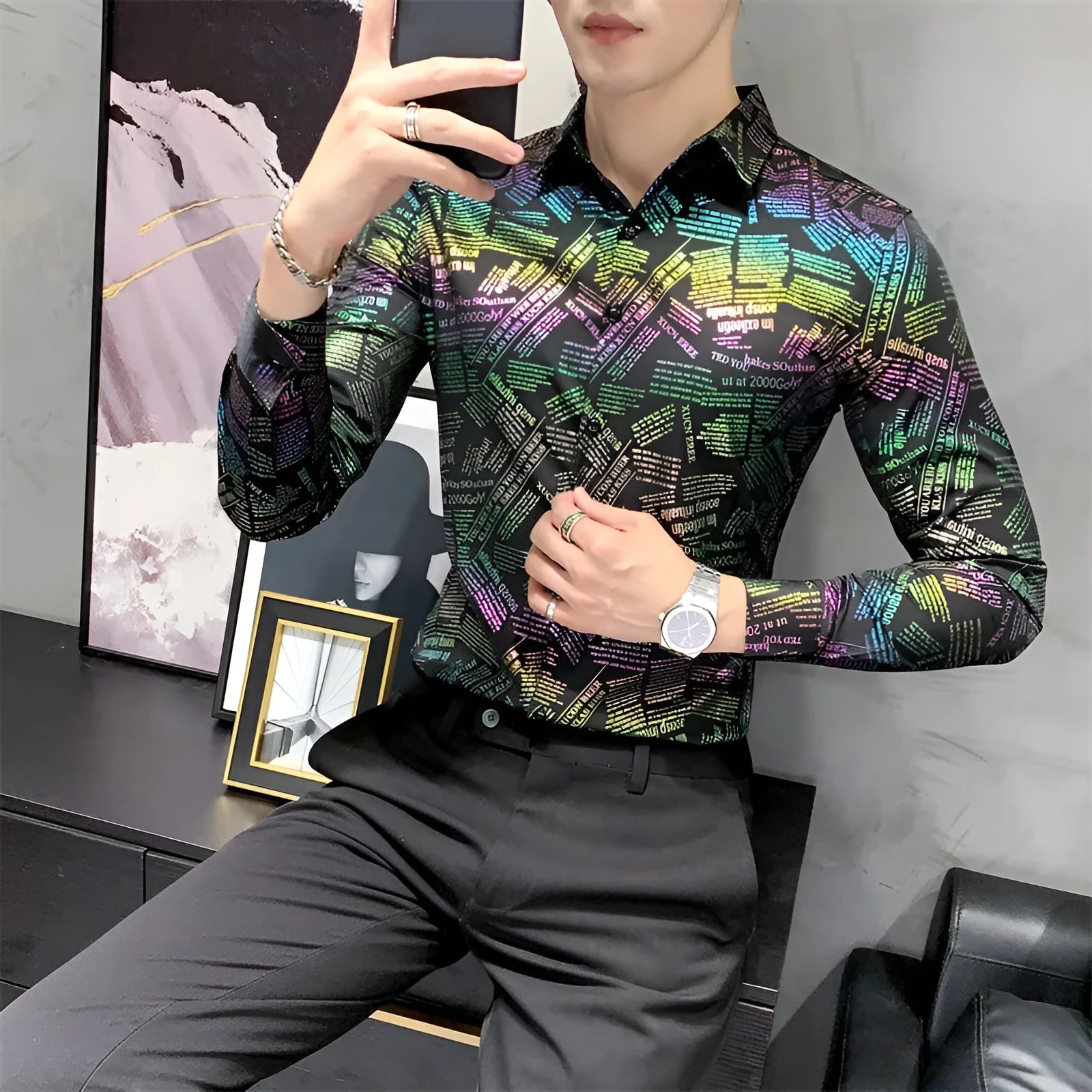 Black long sleeve polyester dress shirt for men with Asian sizing, front view on white background