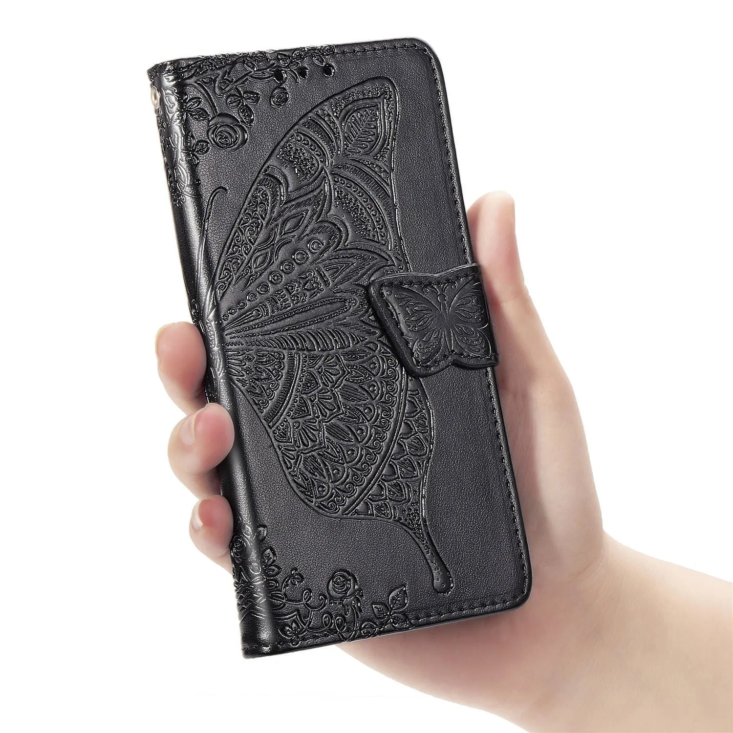 Flower butterfly embossed TPU phone case for Samsung, black colour, clamshell style