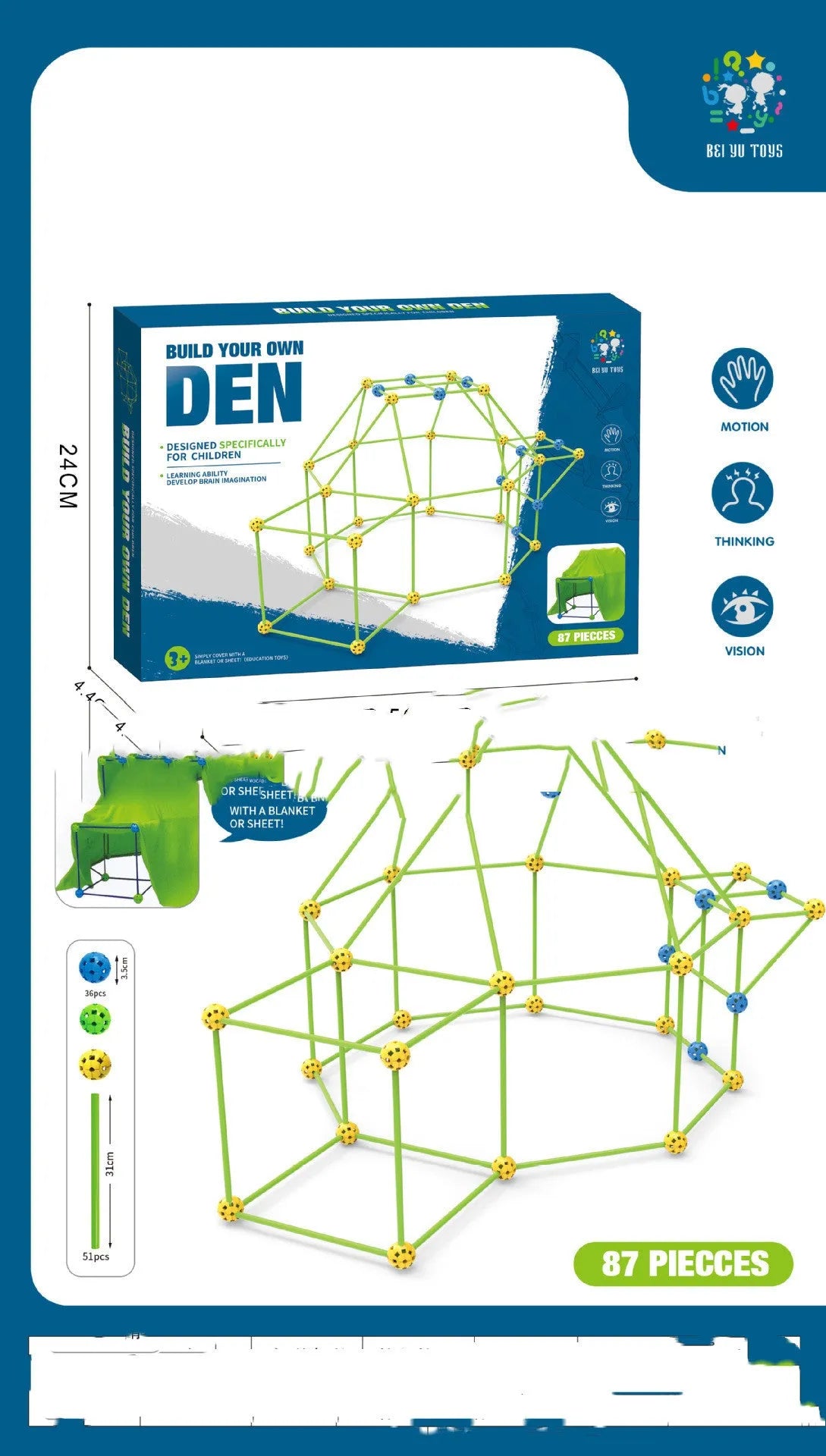 Luminous children's fort building kit with plastic sticks and connector balls for constructing castles and play tents