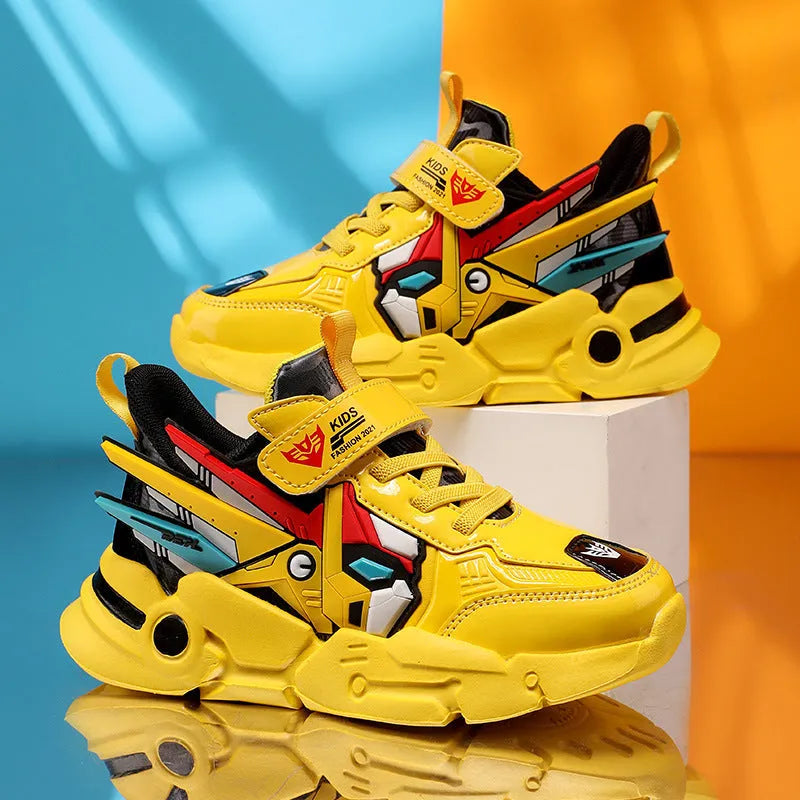 Children's leather surface running shoes with Velcro fastening in yellow, black red, or lake blue colours