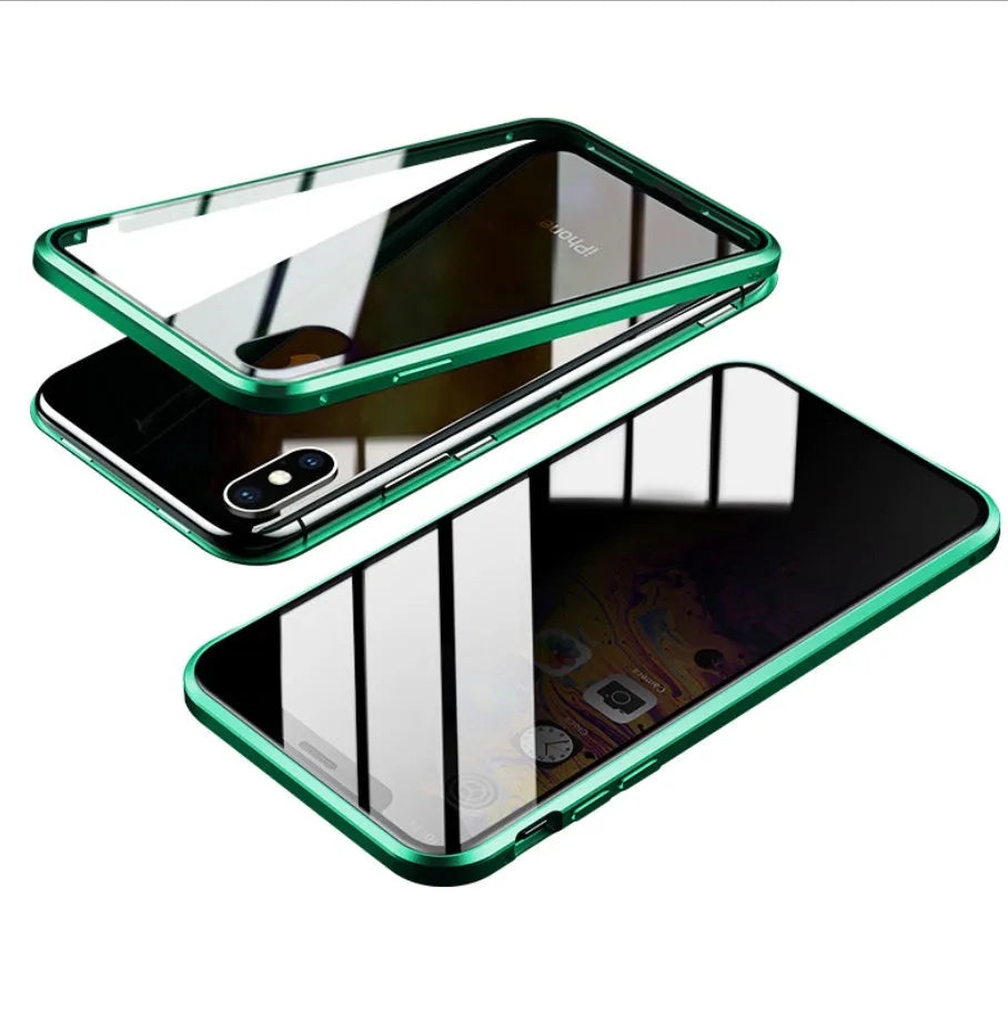 Closed clamshell anti-spy iPhone case in black showing tempered glass back and metallic Faraday cage interior.