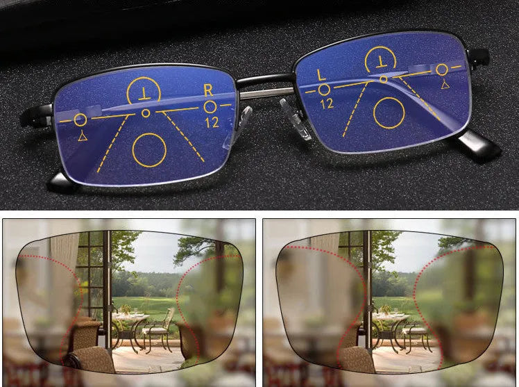 Men's dual-use presbyopia glasses with metal frame and clip in black colour