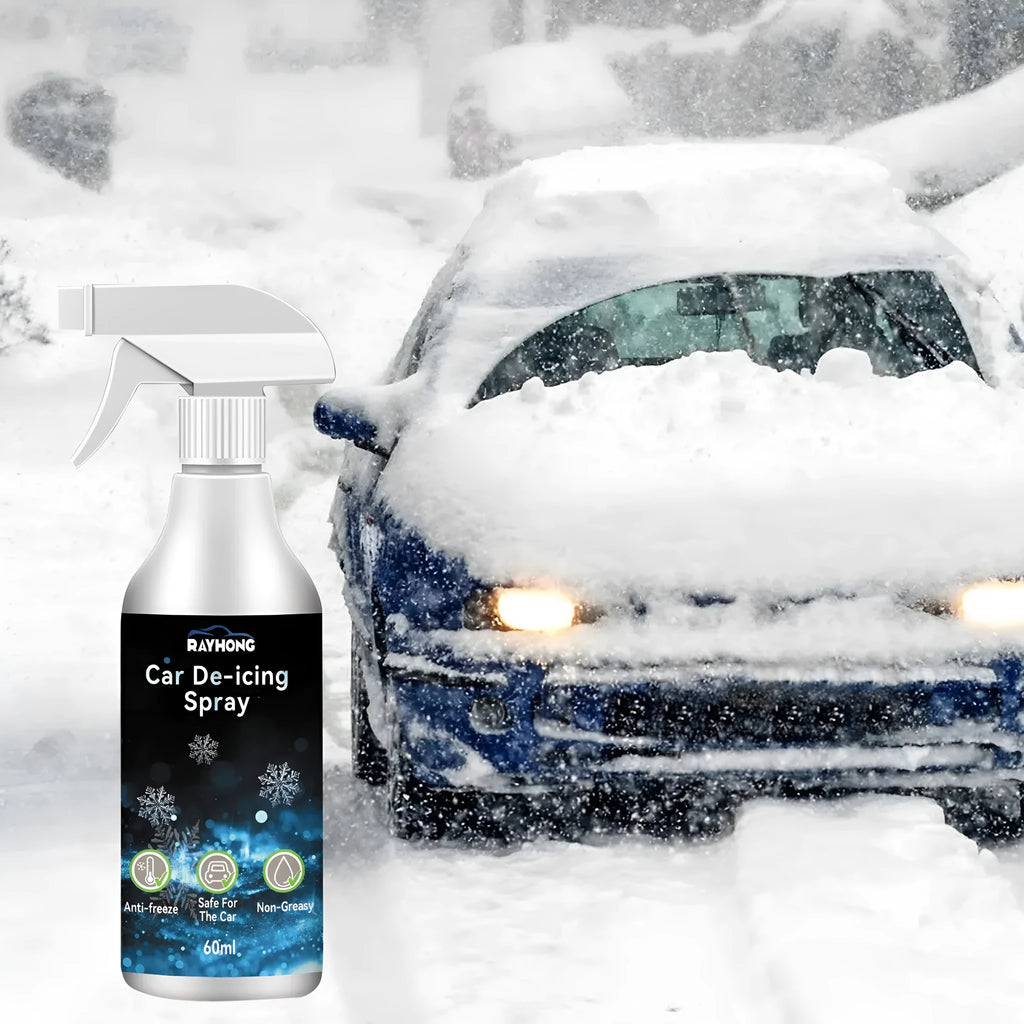 60ml bottle of car windscreen de-icing spray and a snow remover tool on a white background.