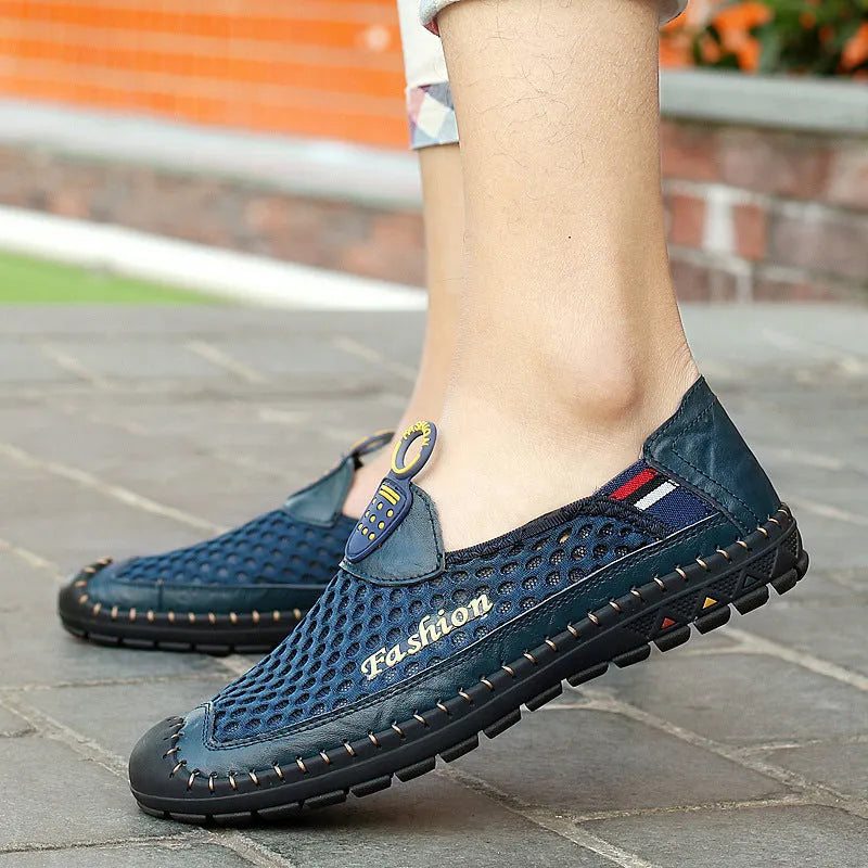 Men's brown breathable mesh casual shoes with a round toe and rubber sole.