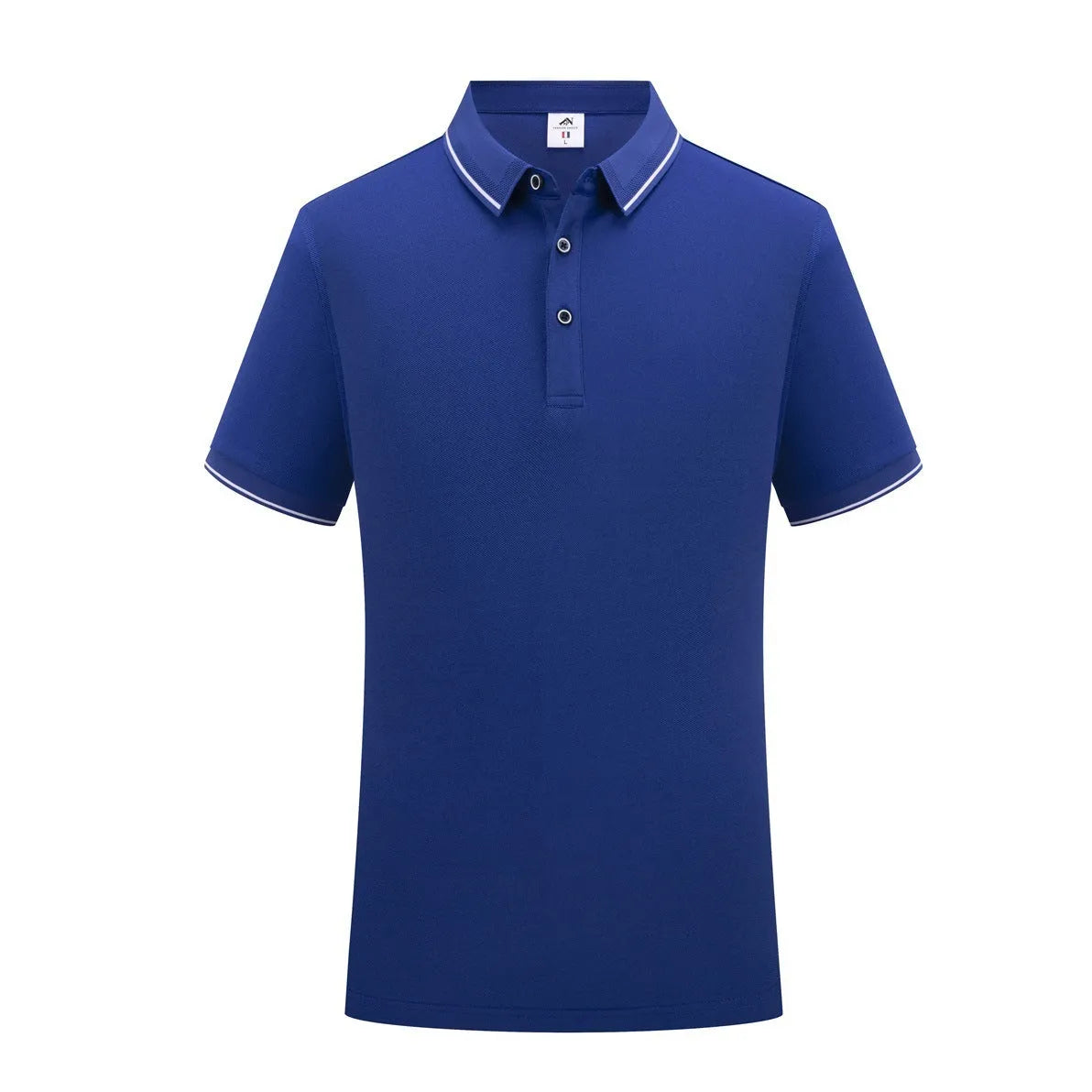 Short-sleeved asymmetrical polo shirt for beauticians in light blue cool silk cotton fabric.