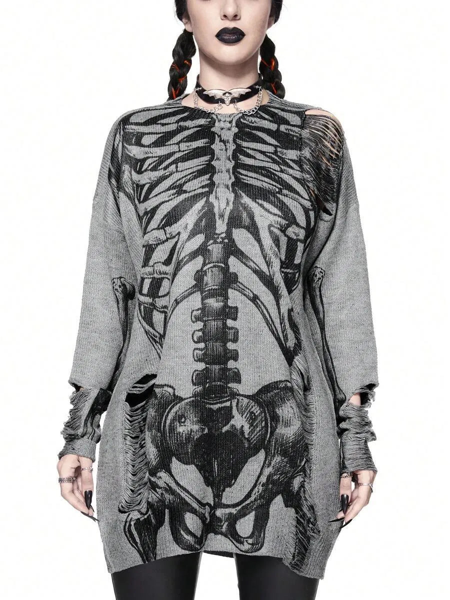 Women's grey viscose knit pullover jumper with long sleeves, loose fit, and character pattern