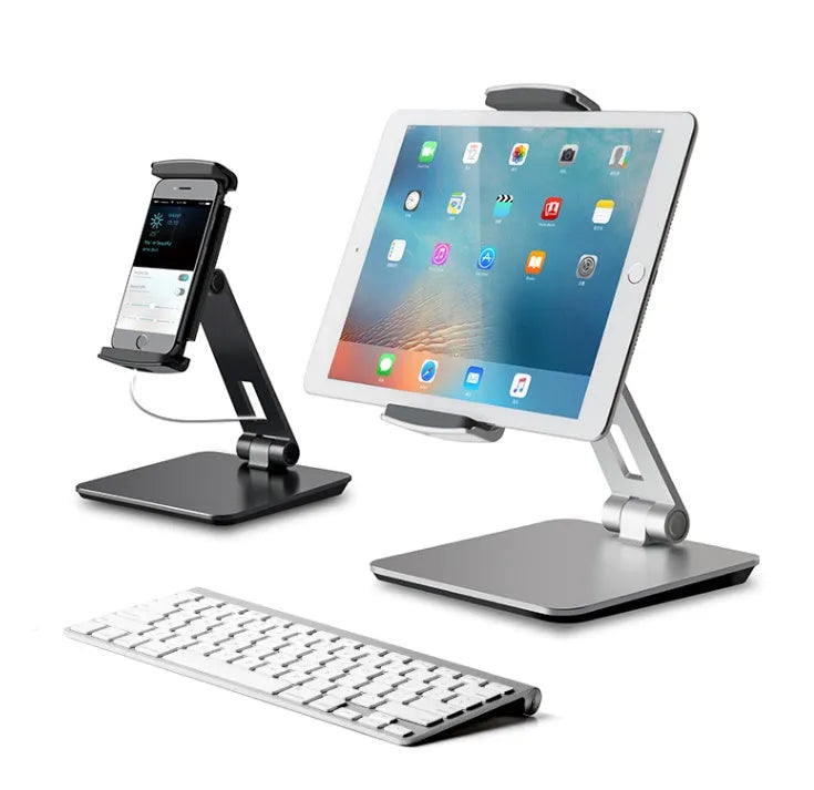 Foldable aluminium desktop stand holding a tablet at an angle.