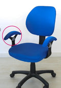 Stretchable polyester spandex office chair cover in Navy blue on a desk chair with armrest cover