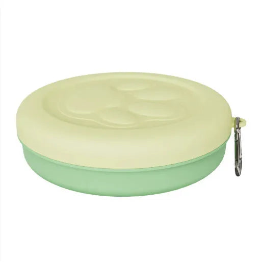Portable dog food and water bowl in light pink or light green, shown in single-colour and two-tone styles.