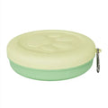 Portable dog food and water bowl in light pink or light green, shown in single-colour and two-tone styles.