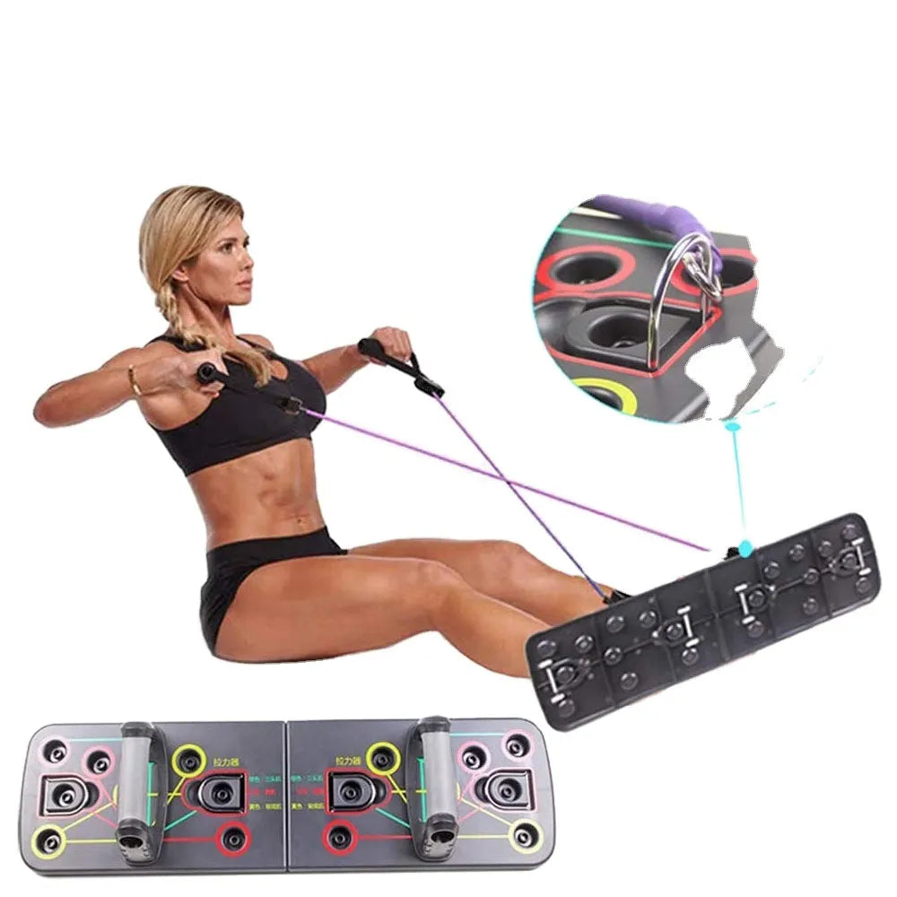 Multifunctional folding push-up board 67x19x1.5cm with pull rope bracket and two armrests