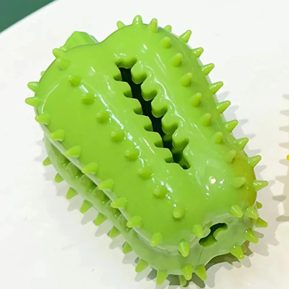 Interactive dog teething chew toy in TPR rubber, 10x5.2cm, treat dispensing, beef scent, green red yellow
