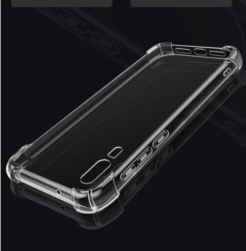 Transparent TPU phone case for Huawei and Honor phones showing airbag anti-fall protection design.