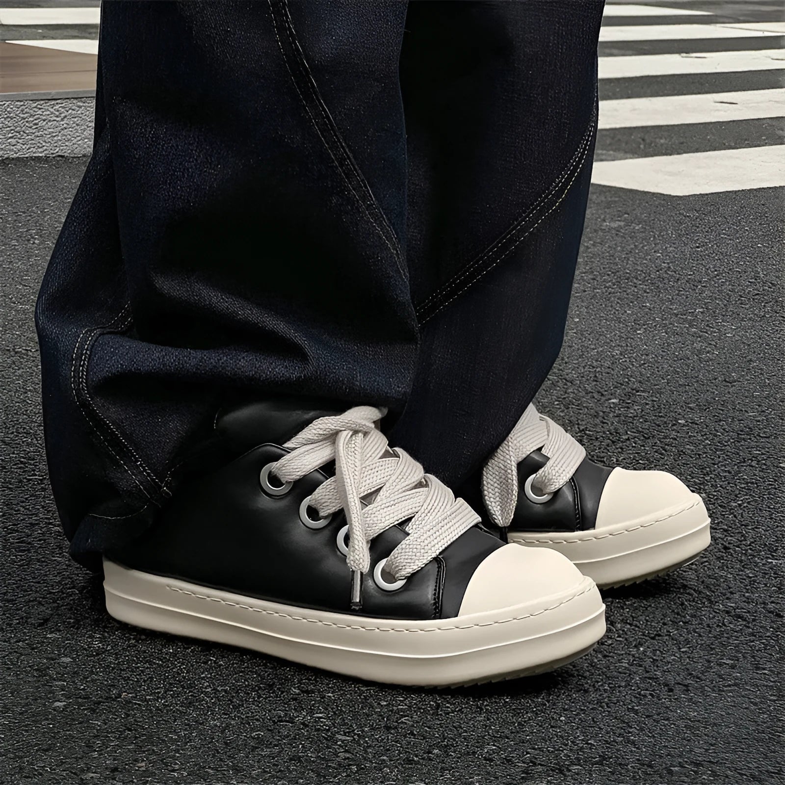 Men's black slip-on casual shoes with raised sole, leather uppers, and rubber soles showing round toe and shallow cut design