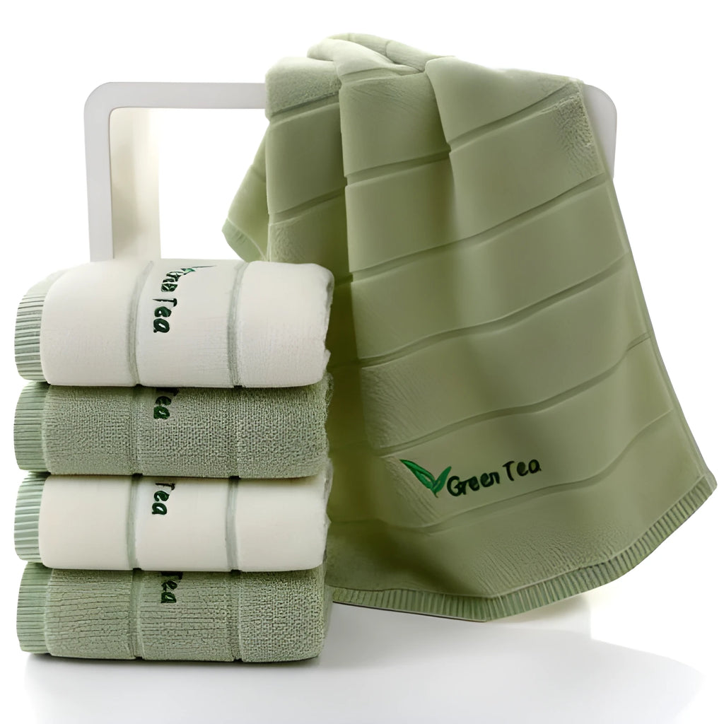 Pure cotton face washing towel with 32 strand embroidery, 34x74cm, in green or purple, soft and absorbent for fitness, travel, and home.