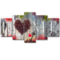 Red oil painting wall decoration boards in multiple sizes arranged as a gallery display