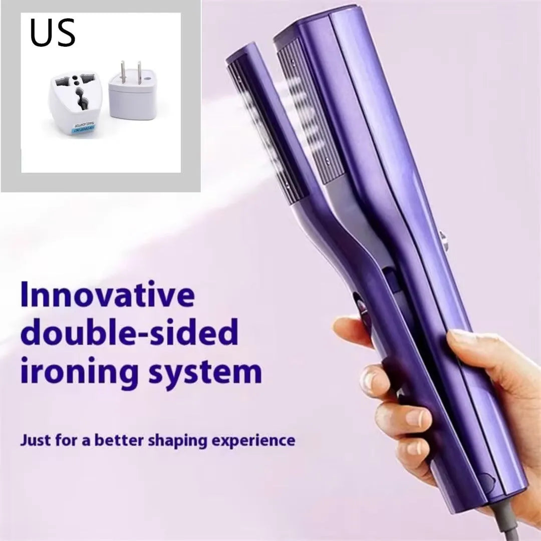 Handheld garment steamer with plastic housing showing steam control buttons and UK plug