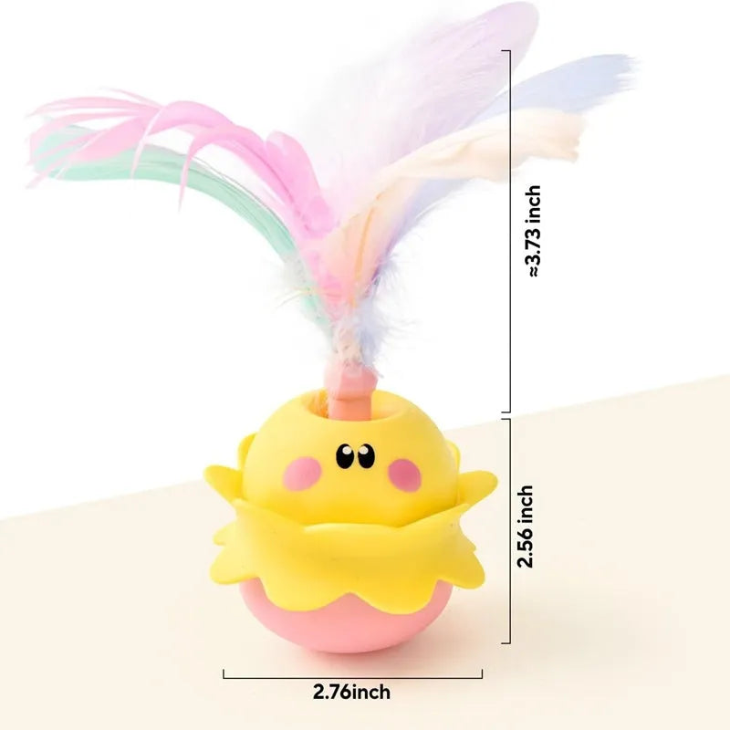 Pink interactive automatic cat feather toy with 360° rotation, LED lights, and detachable feathers for indoor cats.