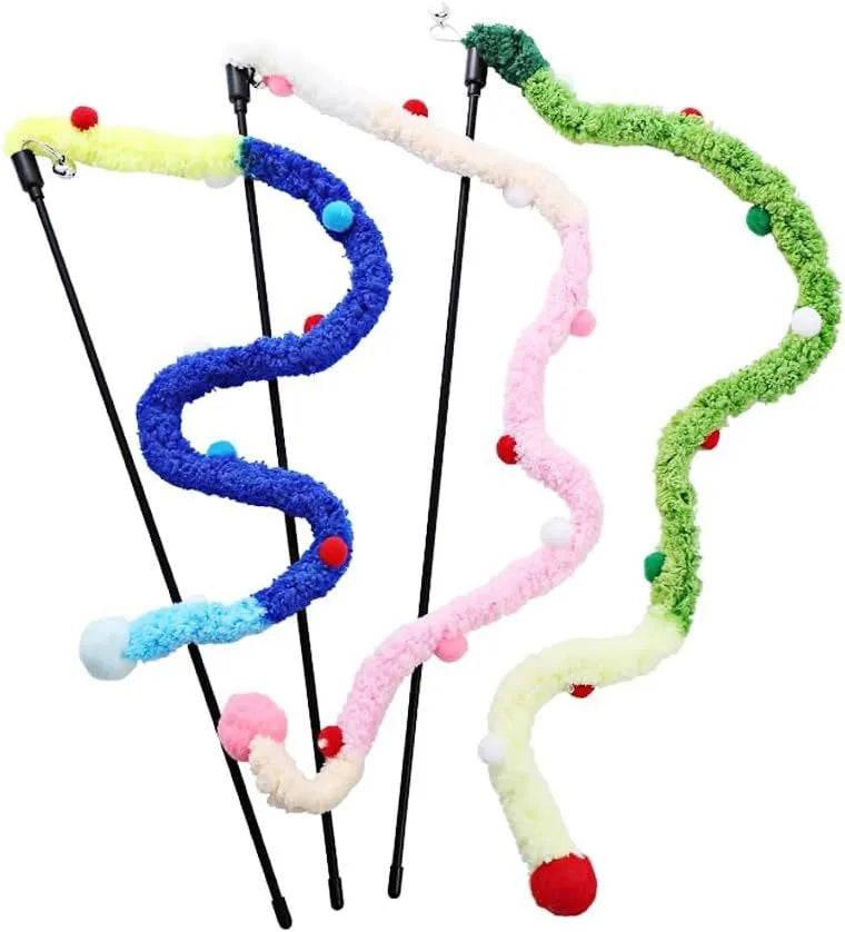 Interactive cat wand toy with plush strip and bell-equipped fluffy ball in blue, green, or pink