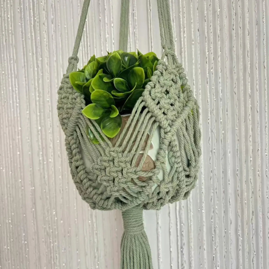 Hand-woven polyester cotton flower pot sleeve in minimalist design with net pocket extension cord
