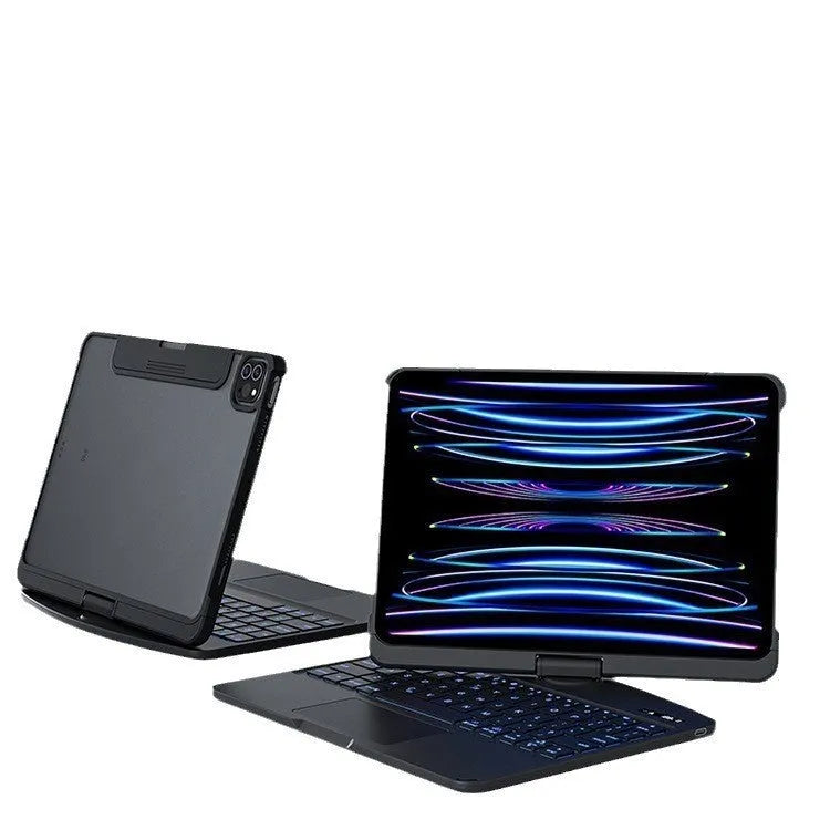 Transparent Bluetooth keyboard protective case for iPad Pro and iPad Air tablets.