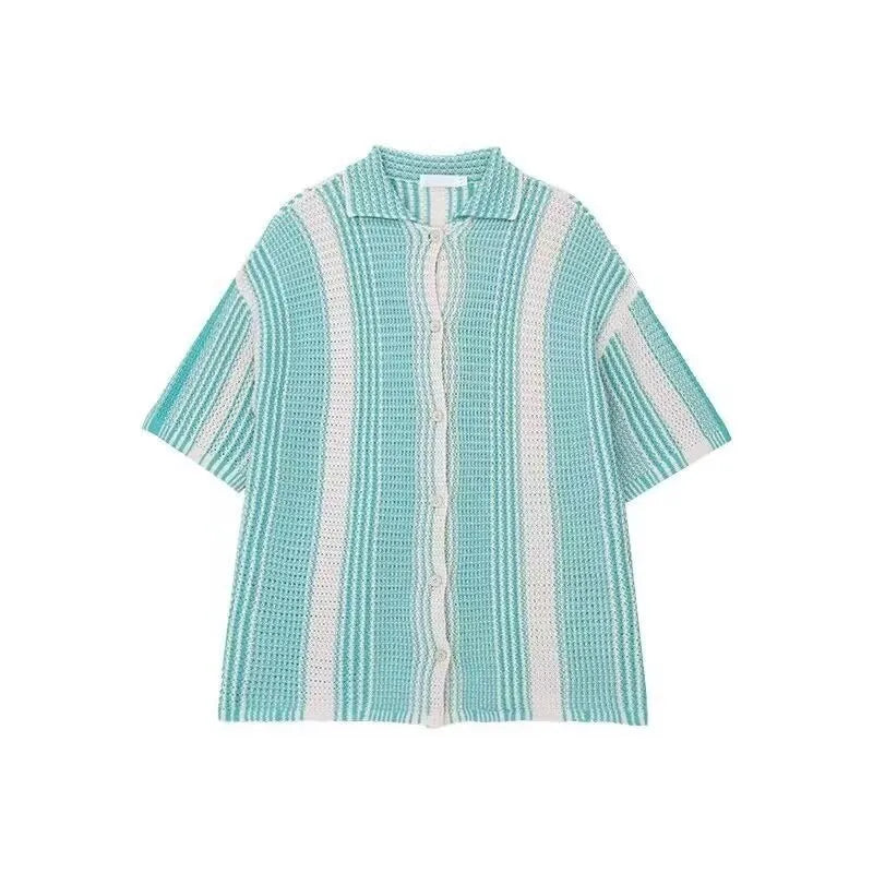 Cotton blend contrast colour short sleeve cardigan shirt for men in blue loose fit summer style