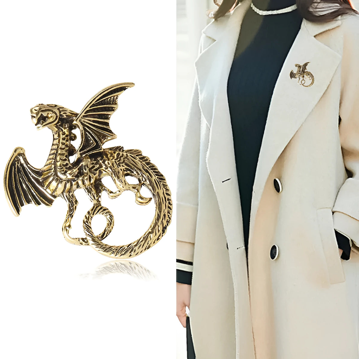 Animal design collar pin brooch in gold or silver electroplated alloy, 43mm x 38mm, for suit and lapel use