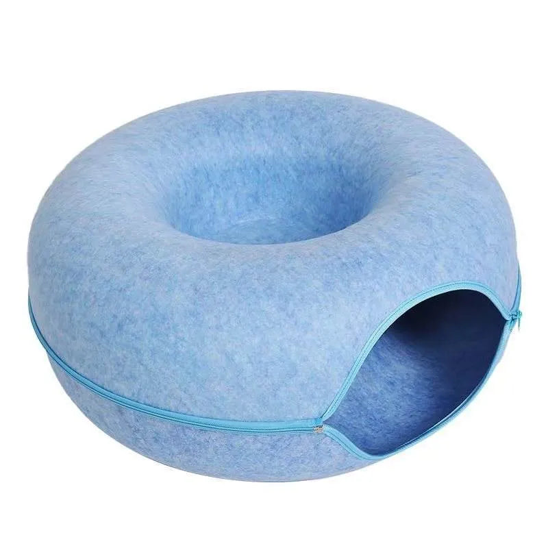 Natural felt donut cat tunnel bed in light grey with tunnel entrance 60x60x27cm