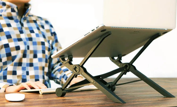 Black folding laptop stand with reinforced nylon construction shown in open and folded positions