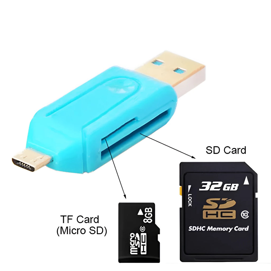 OTG dual-purpose card reader for SD and TF memory cards with USB and micro USB connectors