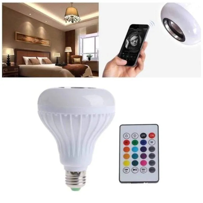 White Bluetooth speaker LED light bulb with E27 base showing multicolour RGB lighting