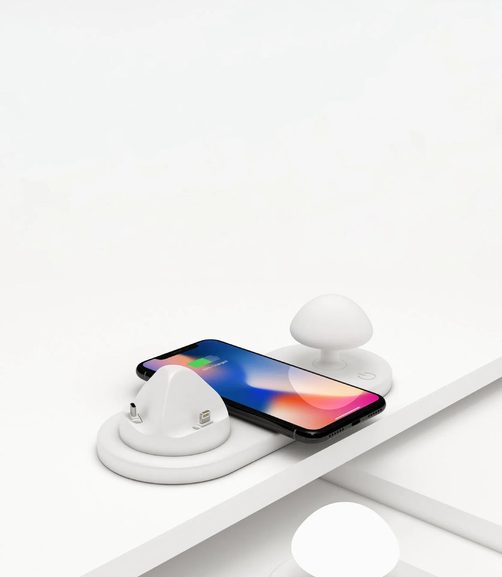 White 3 in 1 USB desktop charging dock with wireless charging pad for Apple iPhone