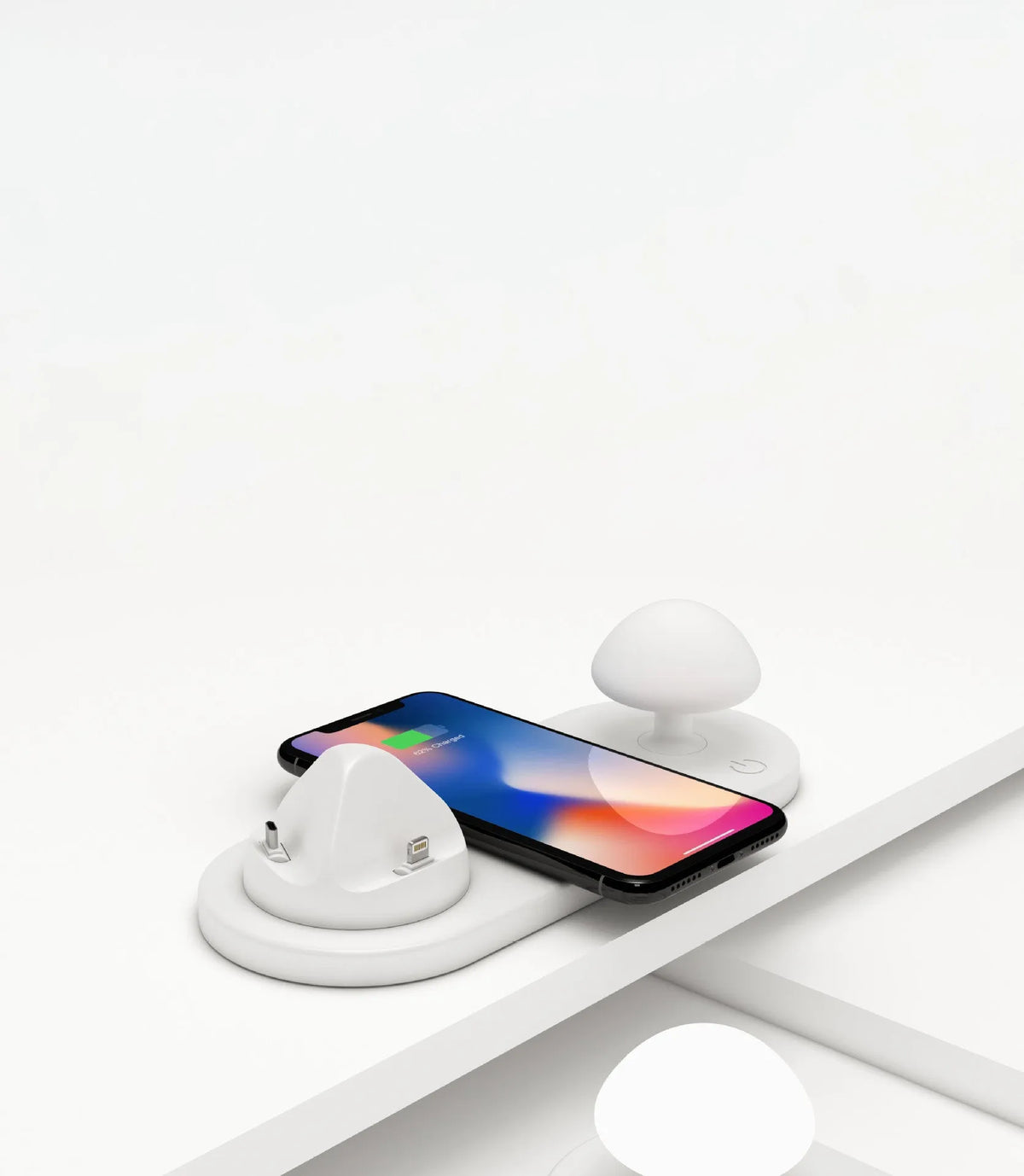 White 3 in 1 USB desktop charging dock with wireless charging pad for Apple iPhone