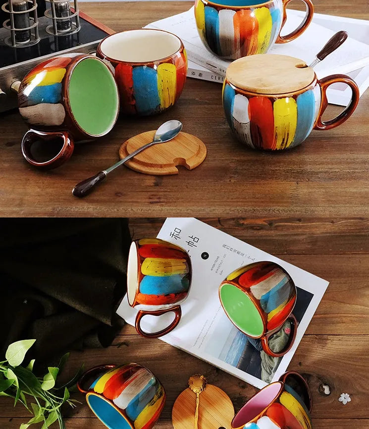 Creative handmade ceramic mug with lid and spoon, 350ml, vibrant blue colour, European style