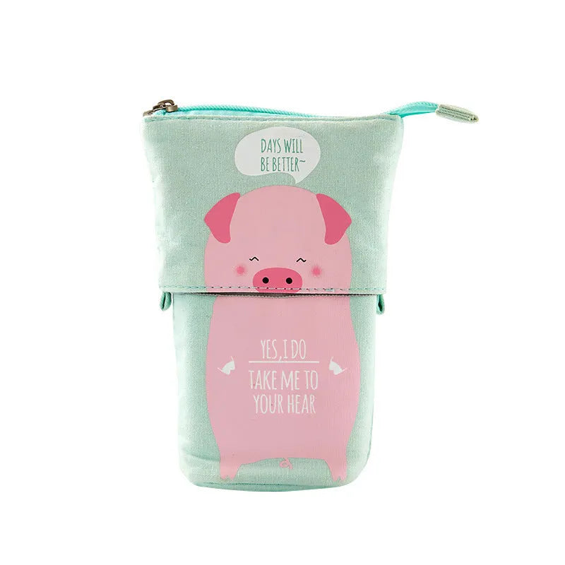 Round Korean-style canvas pencil bag with cartoon pattern in multiple colour options