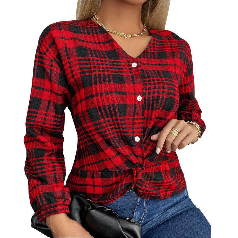 Women's loose fit plaid casual shirt in purple, grey, or red polyester fabric