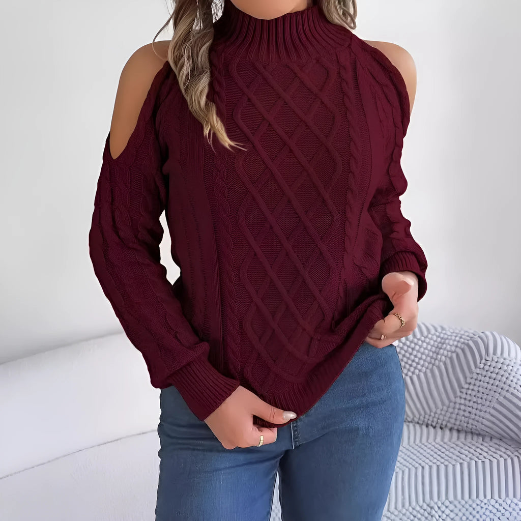Women's casual twisted strapless half-high collar acrylic sweater with lantern sleeves